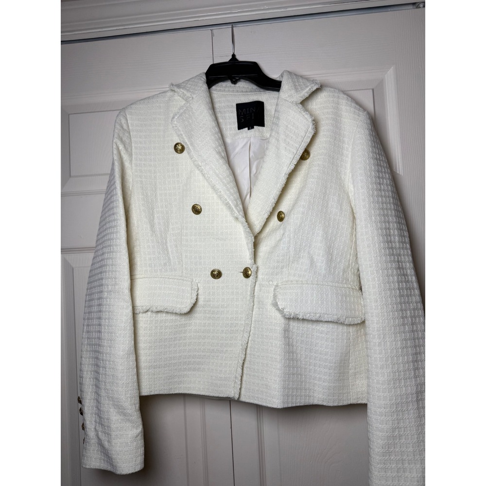 Mina Self Womens Cream Tweed Double Breasted Blazer Gold‎ Crest Buttons Size L